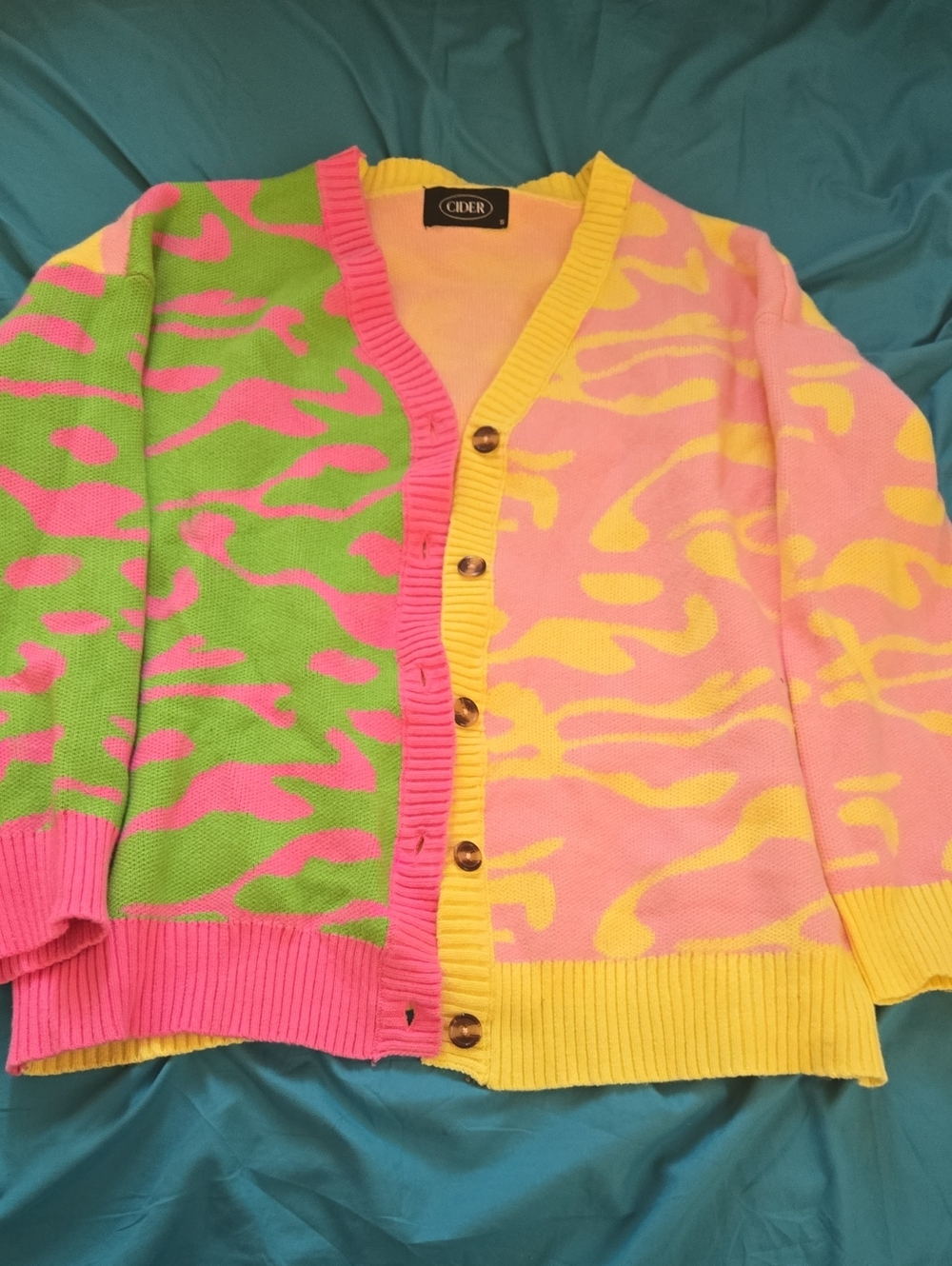 Cider Zebra-Print Colorblock Knit Cardigan in Pink, Green, Yellow